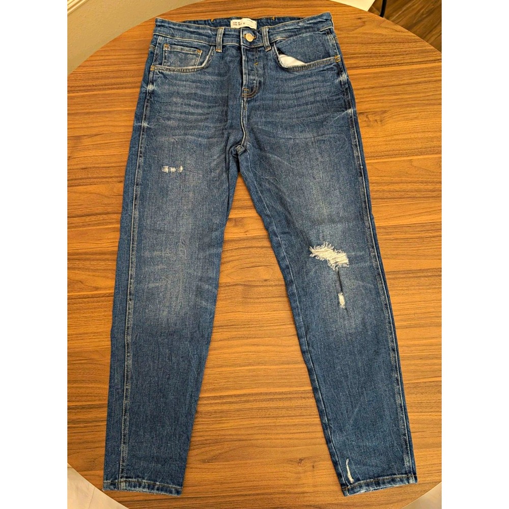 Zara Man Men's 32 Distressed Blue Jeans Slim Straight Medium Wash Ripped Denim